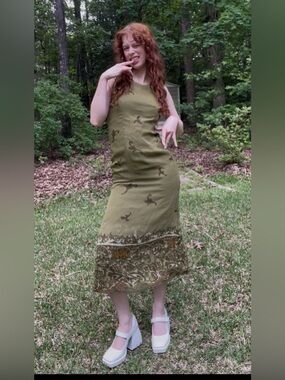Vintage Olive Green Maxi Dress with Botanical Hem